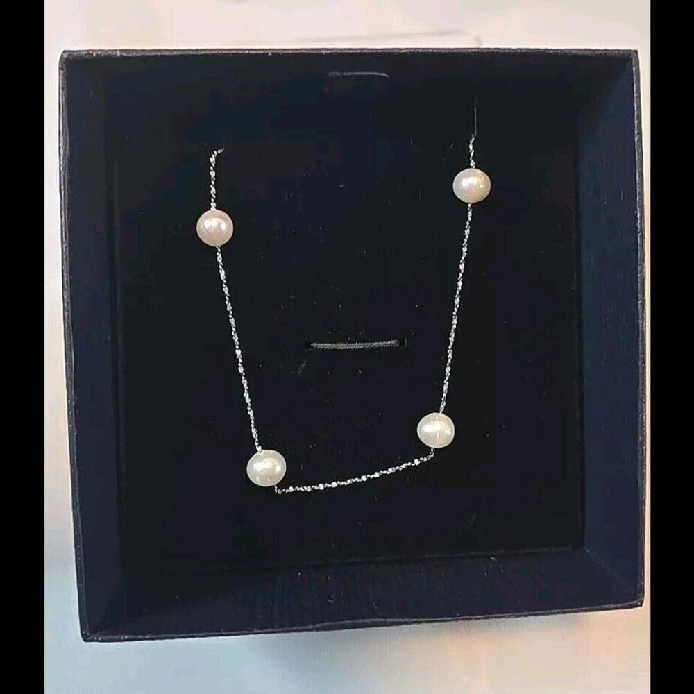 Stauer 6mm Freshwater Pearl & Sterling Silver Station Necklace 16" Tinsel Chain